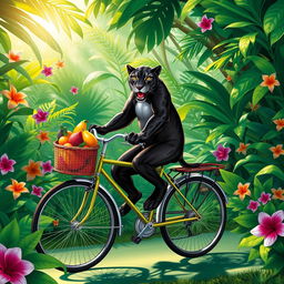 A majestic panther riding a bicycle through a tropical jungle, surrounded by lush greenery and vibrant flowers