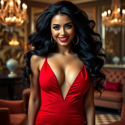 A beautiful woman with voluminous dark hair cascading over her shoulders, wearing a stunning, revealing red dress that accentuates her figure and features an alluring plunging neckline that showcases ample cleavage