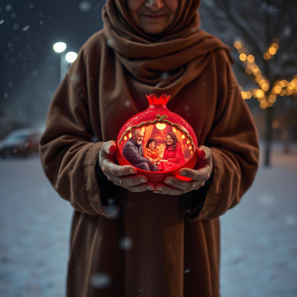 A Muslim grandmother wearing a mud-colored tent robe stands in a snowy night setting, the snow gently falling around her