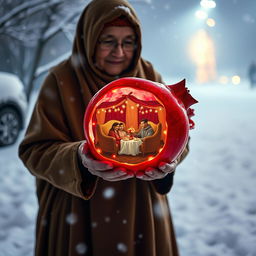 A Muslim grandmother wearing a mud-colored tent robe stands in a snowy night setting, the snow gently falling around her