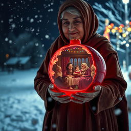 A Muslim grandmother wearing a mud-colored tent robe stands in a snowy night setting, the snow gently falling around her