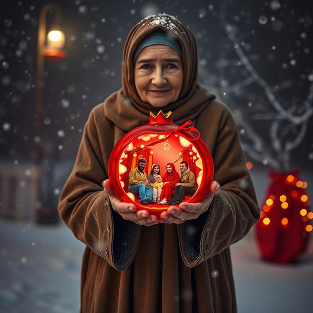 A Muslim grandmother wearing a mud-colored tent robe stands in a snowy night setting, the snow gently falling around her