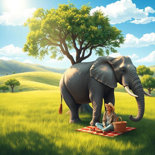 A peaceful scene depicting an elephant and a human coexisting harmoniously in a vibrant natural environment