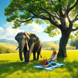 A peaceful scene depicting an elephant and a human coexisting harmoniously in a vibrant natural environment