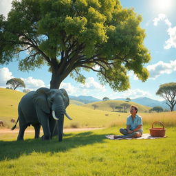 A peaceful scene depicting an elephant and a human coexisting harmoniously in a vibrant natural environment