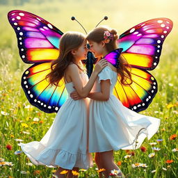 A beautiful, vibrant scene featuring two girls in a loving embrace, surrounded by a stunning rainbow butterfly with large, colorful wings flapping gracefully around them