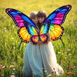 A beautiful, vibrant scene featuring two girls in a loving embrace, surrounded by a stunning rainbow butterfly with large, colorful wings flapping gracefully around them