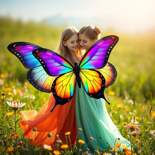 A beautiful, vibrant scene featuring two girls in a loving embrace, surrounded by a stunning rainbow butterfly with large, colorful wings flapping gracefully around them