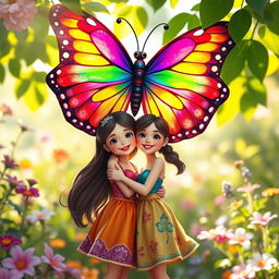 A vibrant and enchanting scene featuring a beautiful rainbow butterfly with its wings wide open, hovering above two girls who are in a loving embrace