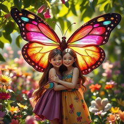 A vibrant and enchanting scene featuring a beautiful rainbow butterfly with its wings wide open, hovering above two girls who are in a loving embrace