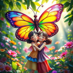 A vibrant and enchanting scene featuring a beautiful rainbow butterfly with its wings wide open, hovering above two girls who are in a loving embrace