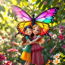 A vibrant and enchanting scene featuring a beautiful rainbow butterfly with its wings wide open, hovering above two girls who are in a loving embrace