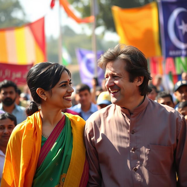 A candid moment featuring a person standing next to Imran Khan, the former Prime Minister of Pakistan, both smiling and engaged in conversation