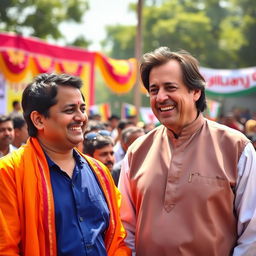 A candid moment featuring a person standing next to Imran Khan, the former Prime Minister of Pakistan, both smiling and engaged in conversation