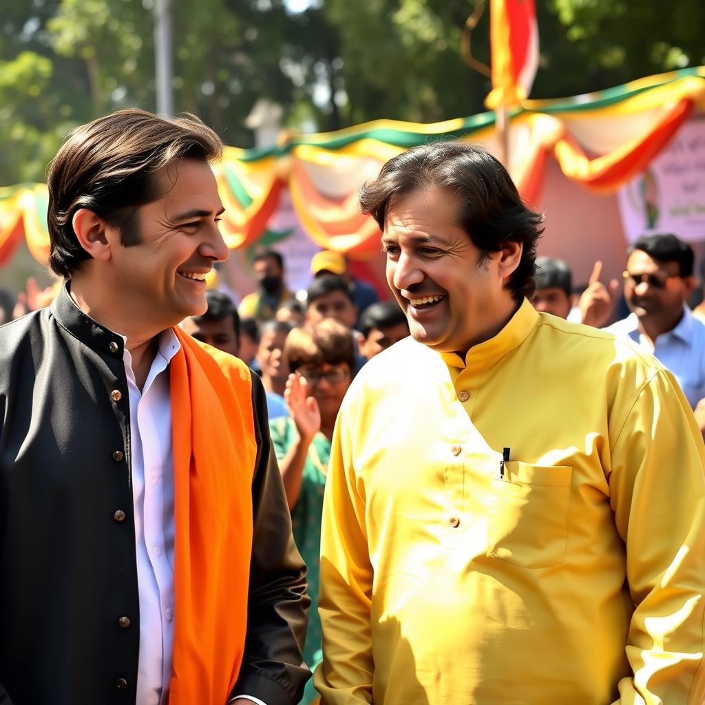 A candid moment featuring a person standing next to Imran Khan, the former Prime Minister of Pakistan, both smiling and engaged in conversation