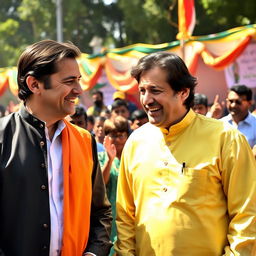 A candid moment featuring a person standing next to Imran Khan, the former Prime Minister of Pakistan, both smiling and engaged in conversation