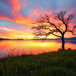 A serene lake landscape at sunset, with vibrant orange and pink hues in the sky reflecting on the water's surface