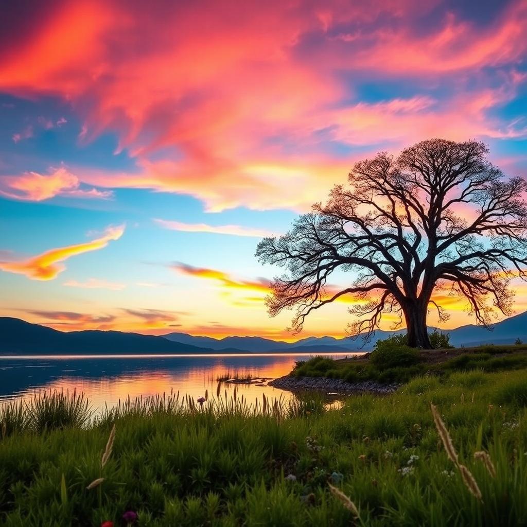 A serene lake landscape at sunset, with vibrant orange and pink hues in the sky reflecting on the water's surface