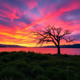 A serene lake landscape at sunset, with vibrant orange and pink hues in the sky reflecting on the water's surface