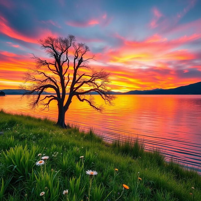 A serene lake landscape at sunset, with vibrant orange and pink hues in the sky reflecting on the water's surface