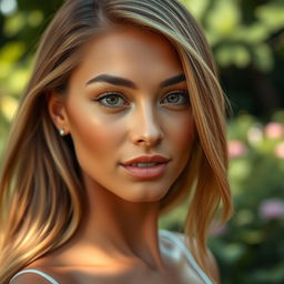 A close-up portrait of a beautiful woman with blended skin tones, showcasing a warm caramel complexion with hints of golden undertones
