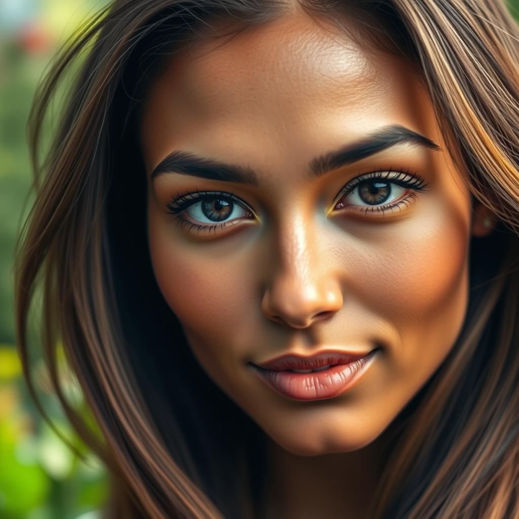 A close-up portrait of a beautiful woman with blended skin tones, showcasing a warm caramel complexion with hints of golden undertones