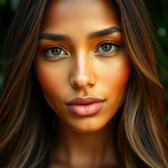 A close-up portrait of a beautiful woman with blended skin tones, showcasing a warm caramel complexion with hints of golden undertones