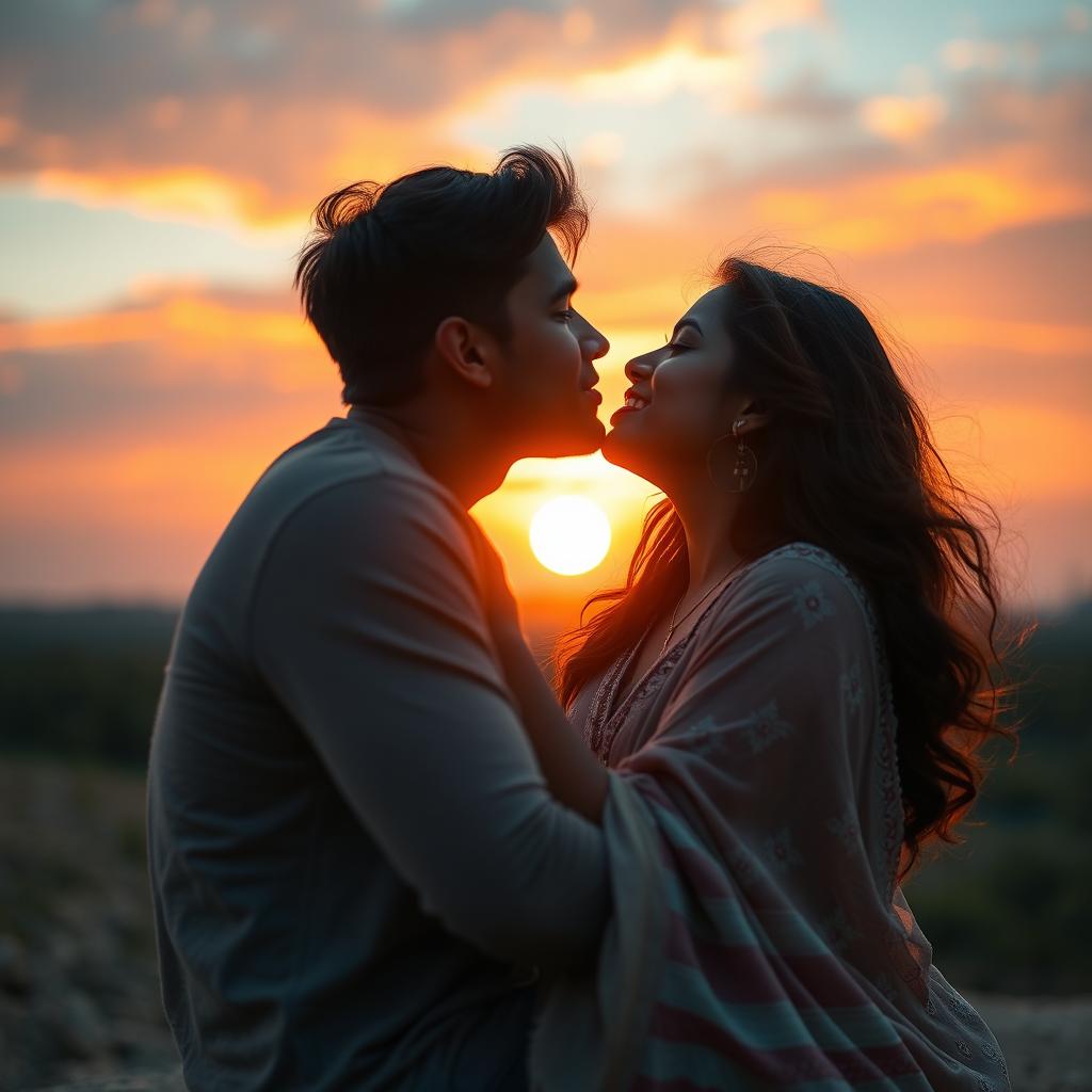 A romantic sunset scene featuring a twenty-seven-year-old boy with an athletic build sitting on the lap of a stunning twenty-five-year-old Indian girl