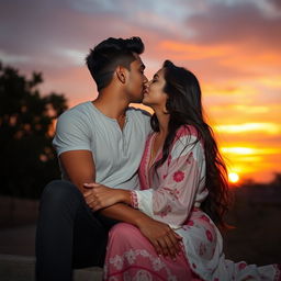 A romantic sunset scene featuring a twenty-seven-year-old boy with an athletic build sitting on the lap of a stunning twenty-five-year-old Indian girl