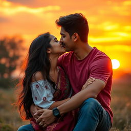 A romantic sunset scene featuring a twenty-seven-year-old boy with an athletic build sitting on the lap of a stunning twenty-five-year-old Indian girl