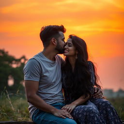 A romantic sunset scene featuring a twenty-seven-year-old boy with an athletic build sitting on the lap of a stunning twenty-five-year-old Indian girl