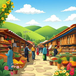 A vibrant cartoon depiction of the traditional market in Gilan, Iran, filled with colorful stalls showcasing local produce, spices, woven goods, and traditional crafts