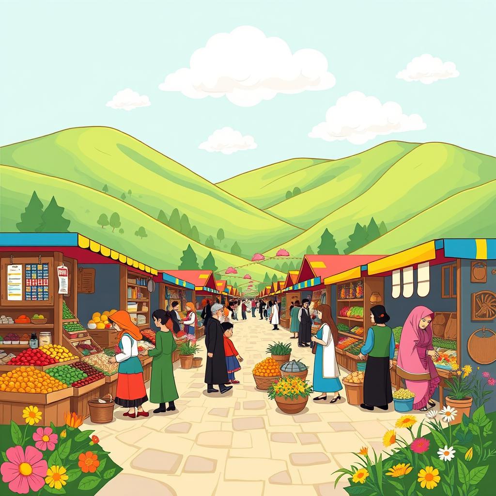 A vibrant cartoon depiction of the traditional market in Gilan, Iran, filled with colorful stalls showcasing local produce, spices, woven goods, and traditional crafts