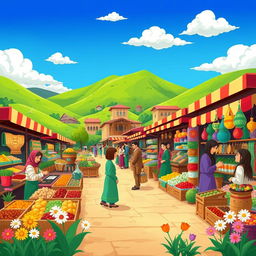 A vibrant cartoon depiction of the traditional market in Gilan, Iran, filled with colorful stalls showcasing local produce, spices, woven goods, and traditional crafts