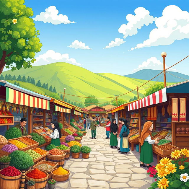 A vibrant cartoon depiction of the traditional market in Gilan, Iran, filled with colorful stalls showcasing local produce, spices, woven goods, and traditional crafts