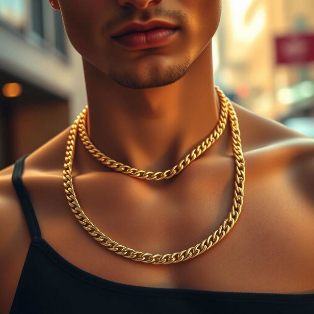 A close-up view of a person wearing a gold chain around their neck, showcasing the intricate design and shine of the chain against their skin