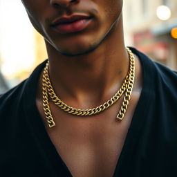 A close-up view of a person wearing a gold chain around their neck, showcasing the intricate design and shine of the chain against their skin