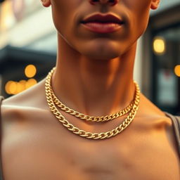 A close-up view of a person wearing a gold chain around their neck, showcasing the intricate design and shine of the chain against their skin