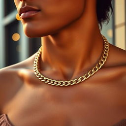 A close-up view of a person wearing a gold chain around their neck, showcasing the intricate design and shine of the chain against their skin