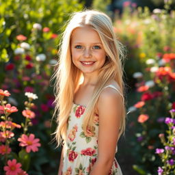A beautiful blonde girl with long, flowing hair, glowing skin, and bright blue eyes
