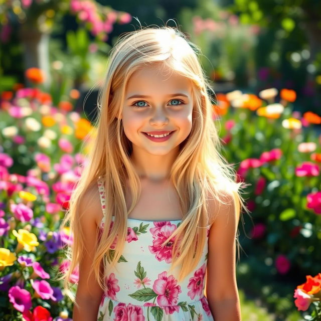 A beautiful blonde girl with long, flowing hair, glowing skin, and bright blue eyes