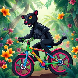 A majestic panther expertly riding a colorful pushbike through a vibrant jungle