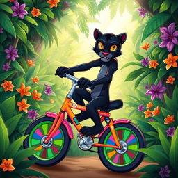 A majestic panther expertly riding a colorful pushbike through a vibrant jungle