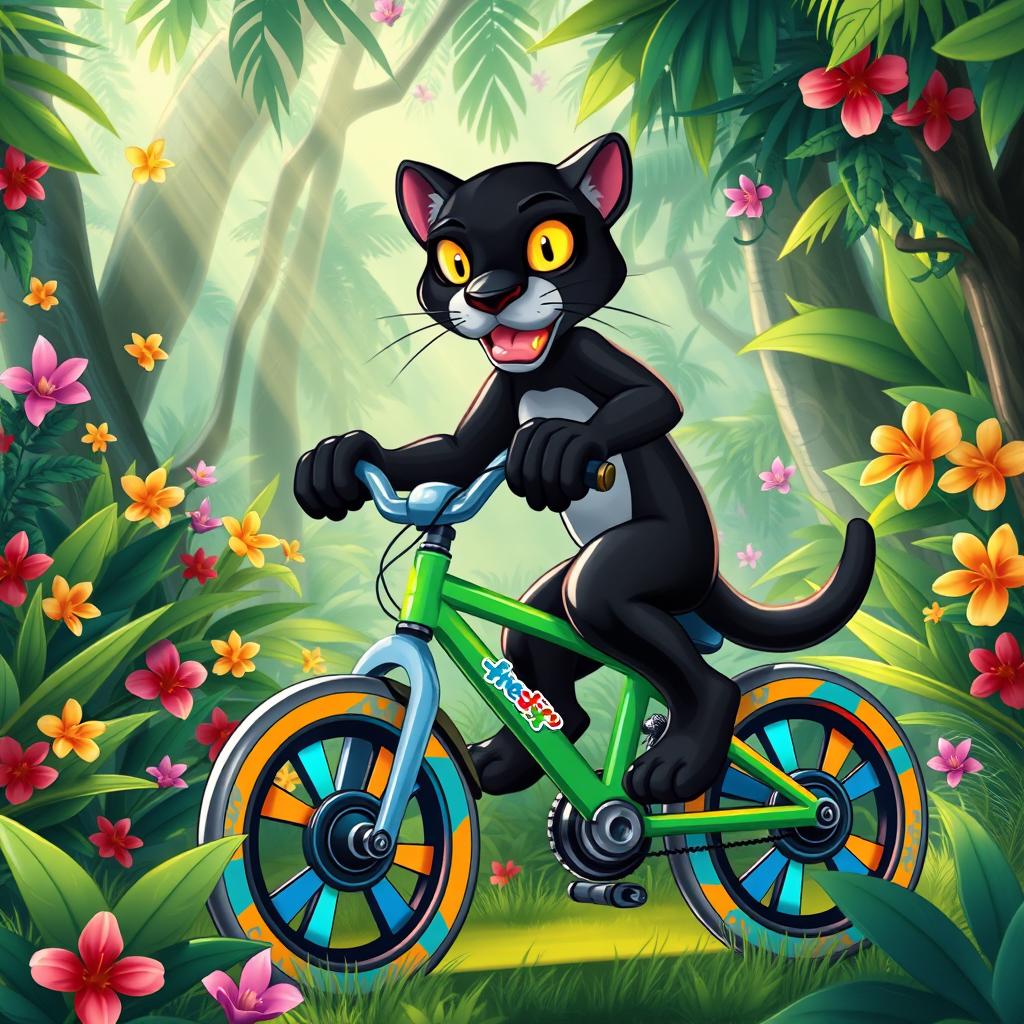 A majestic panther expertly riding a colorful pushbike through a vibrant jungle