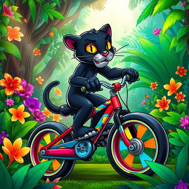 A majestic panther expertly riding a colorful pushbike through a vibrant jungle