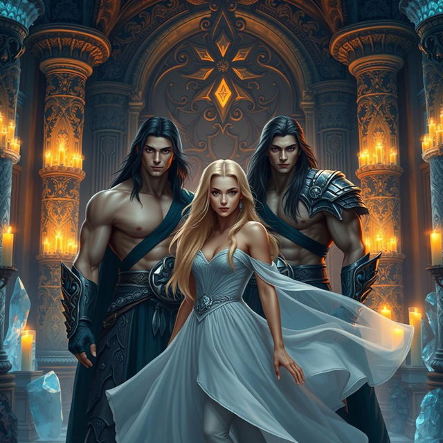 Two handsome, muscular men with long dark hair and a beautiful blonde woman with long hair inside a grand, mystical temple