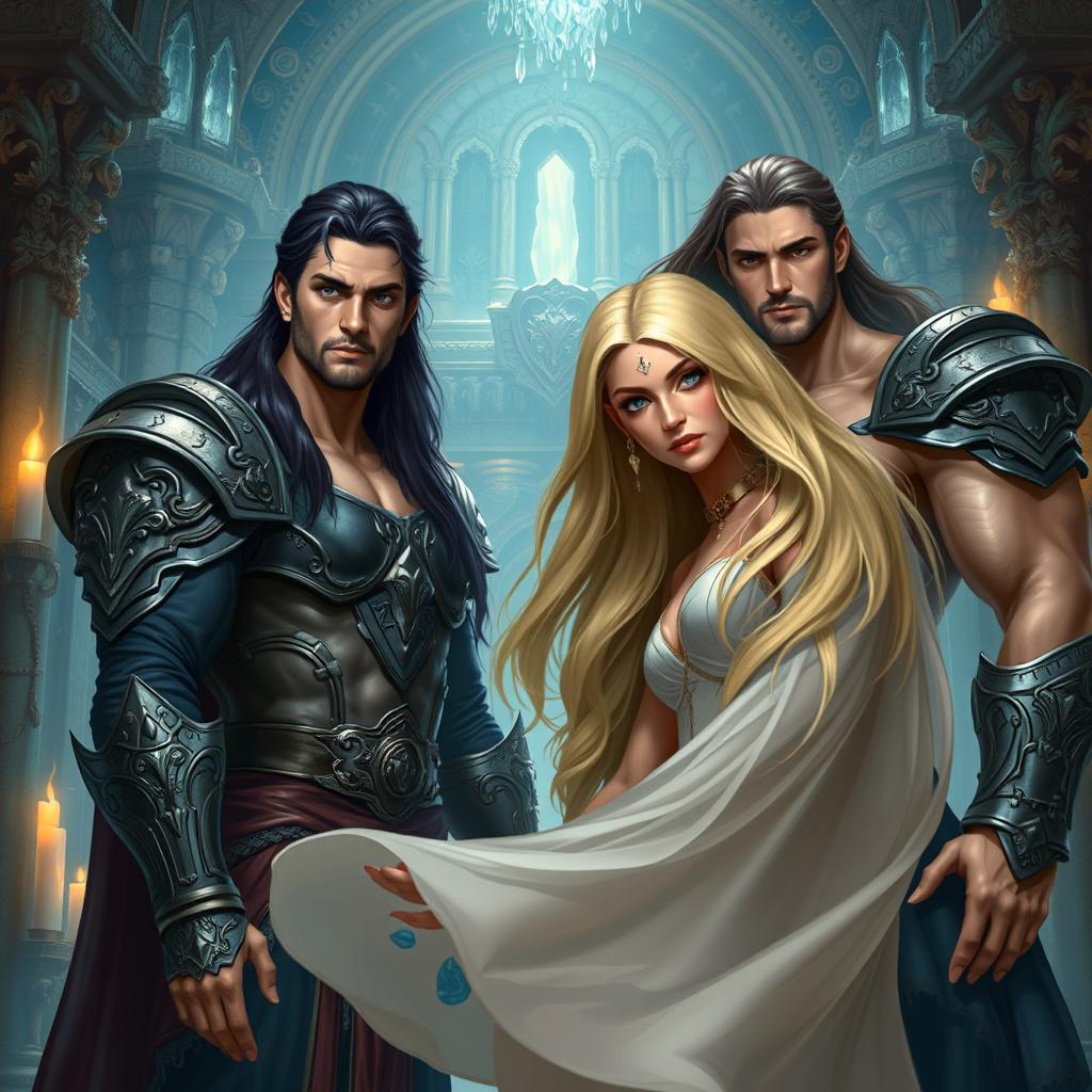 Two handsome, muscular men with long dark hair and a beautiful blonde woman with long hair inside a grand, mystical temple