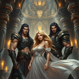 Two handsome, muscular men with long dark hair and a beautiful blonde woman with long hair inside a grand, mystical temple