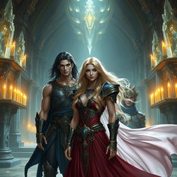 Two handsome, muscular men with long dark hair and a beautiful blonde woman with long hair inside a grand, mystical temple