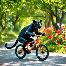 A panther riding a small pushbike, its sleek black fur contrasting with the colorful bike